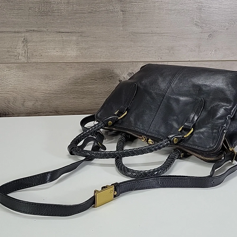 Elliott Lucca Black Leather Satchel with Braided Handles